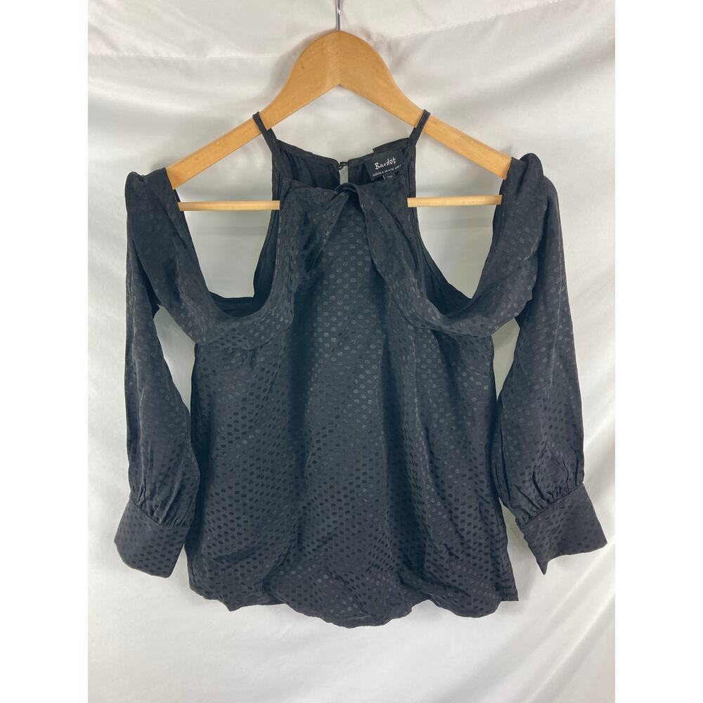 Bardot Black Ruffle Neck Cold Shoulder Long Sleeve Blouse Size 4/XS